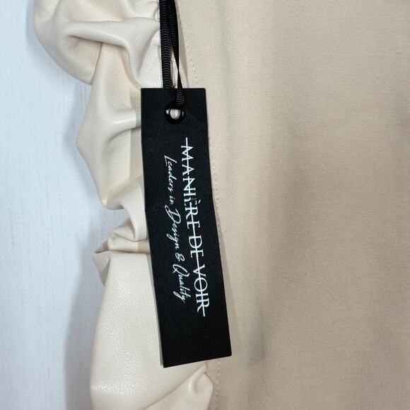 NEW Maniere de Voir Mini Dress Women's Size 8 Tan Faux Leather Ruched Side Party - Picture 8 of 10